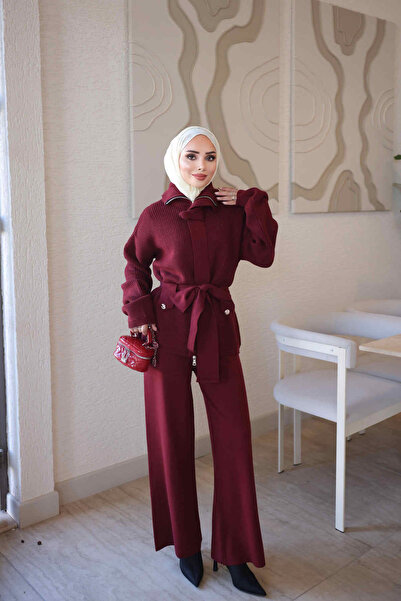 İmajButik Bordo Corsman Premium Hırka Pantolonlu Triko Takım