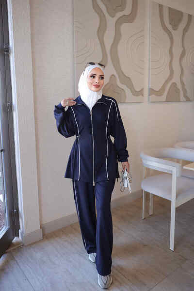 İmajButik Navy Blue Zippered Tunic and Trousers Set with Piping Detail