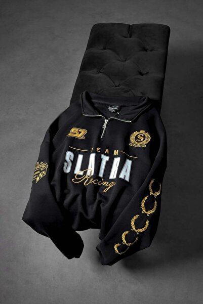 Slatra Erkek Siyah Team Racing Oversize Half Zip Sweatshirt