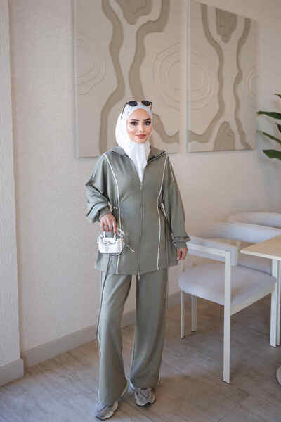 İmajButik Haki Fermuarlı Biye Detaylı Tunik Pantolonlu Takım