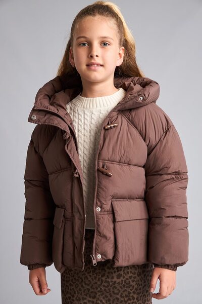 DeFacto Shepherd Buttoned Hooded Puffer Coat Girl Child H2929A826Au