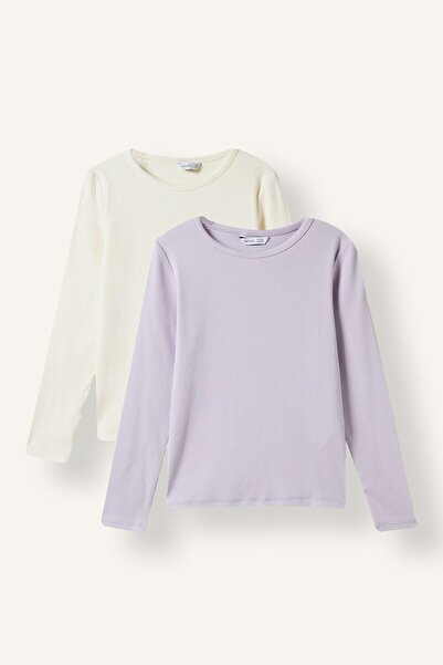 DeFacto Crew Neck Slim Fit Ribbed 2-Piece Long Sleeve Basic T-Shirt Girls I87...