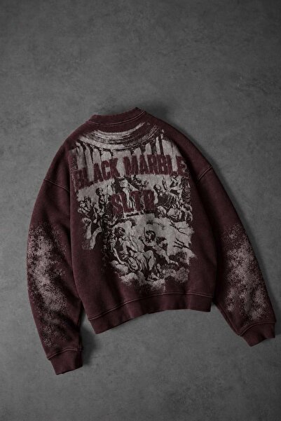 Slatra Erkek Bordo Black Marble Özel Yıkamalı Oversize Sweatshirt