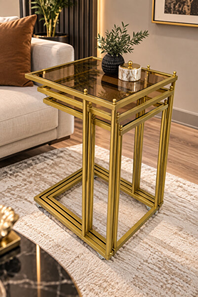 SEVİNÇ KONSEPT 3'lü GOLD Tekerlekli C Sehpa, BRONZ CAM, Güvenilir 6 mm Kalın ...