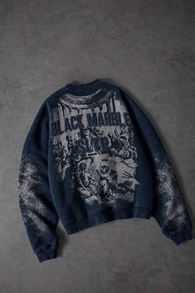 Slatra Men's Navy Blue Black Marble Special Washed Oversize Sweatshirt
