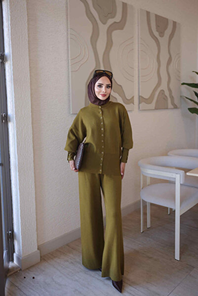 İmajButik Yağ Yeşili Corsman Premium Triko Hırka Pantolonlu Takım