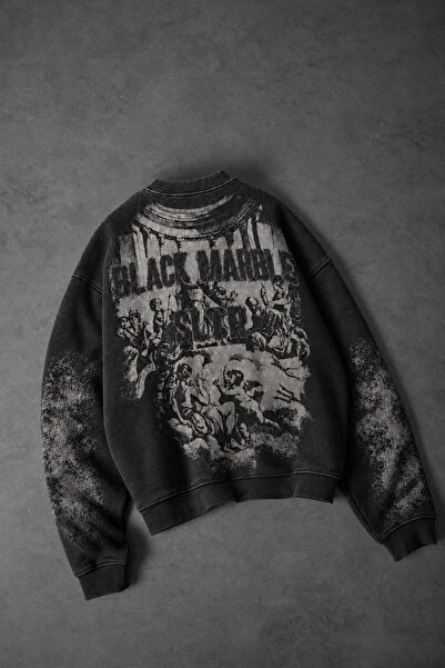 Slatra Men's Black Black Marble Special Washed Oversize Sweatshirt