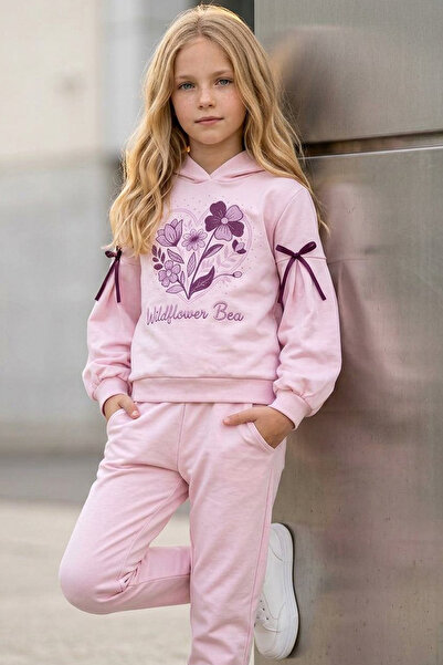 mycuess Girl's "Wildflower Bear" Premium Oysho Fabric Hooded Tracksuit Set