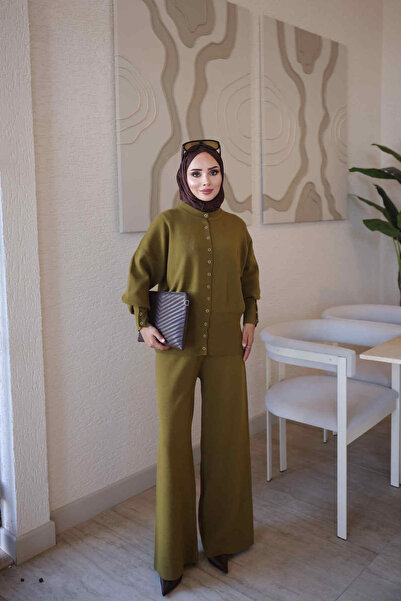 İmajButik Yağ Yeşili Corsman Premium Triko Hırka Pantolonlu Takım