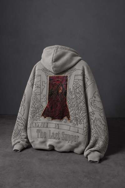 Slatra Erkek Gri Sanctum Kadife Patch Oversize Hoodie