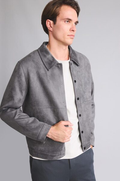 DeFacto Regular Fit Polo Collar Suede Coat with Snap Fasteners and Stitching ...