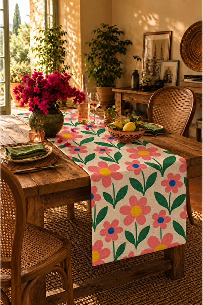SasoHome Happy Bloom | Renkli Papatya ve Çiçek Desenli Retro Botanik Dekoratif Masa Runner