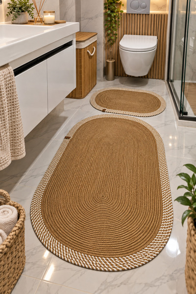 Mıntors Home Jüt Hasır 2’li Büyük Boy Banyo Paspas Takımı 70x120 ve 40x60 cm Banyo Halısı Klozet Önü Paspası