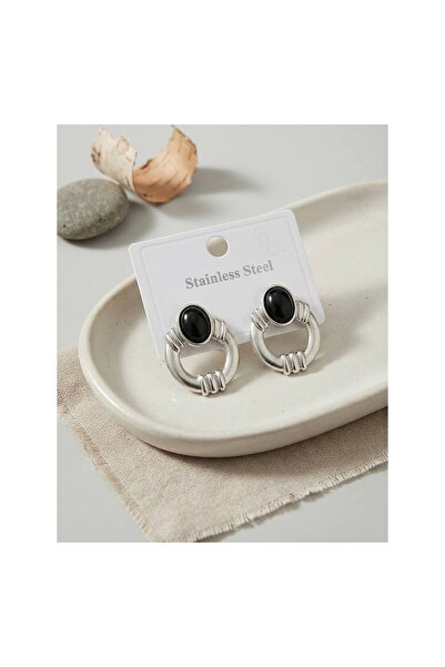 evimdeyokyok 316L Steel Silver Color Vintage Black Stone Earrings Tj-Bkp12036