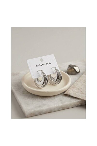 evimdeyokyok 316L Steel Silver Color Embossed Pattern Hoop Earrings Tj-Bkp12030