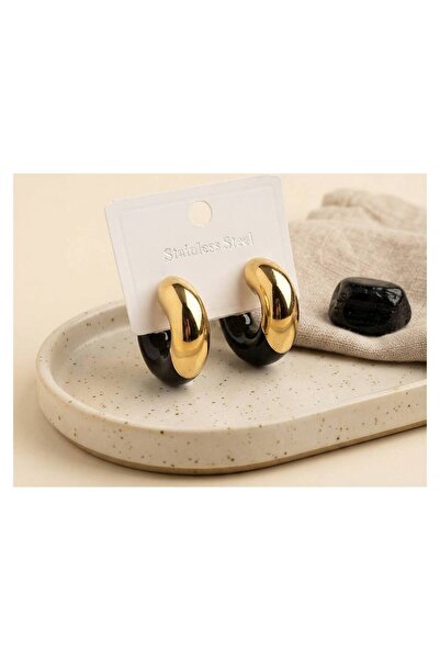 evimdeyokyok 316L Steel Gold Color Black Hoop Model Women's Earrings Tj-Bkp12033