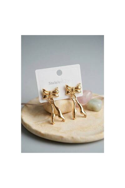 evimdeyokyok 316L Steel Gold Color Bow Design Model Earrings Tj-Bkp12041