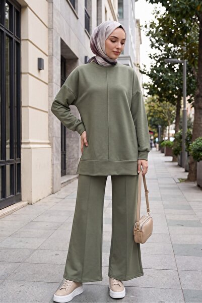 Modamorfo Pants Suit with Side Slits and Grass Green Front Panel - Olive Green