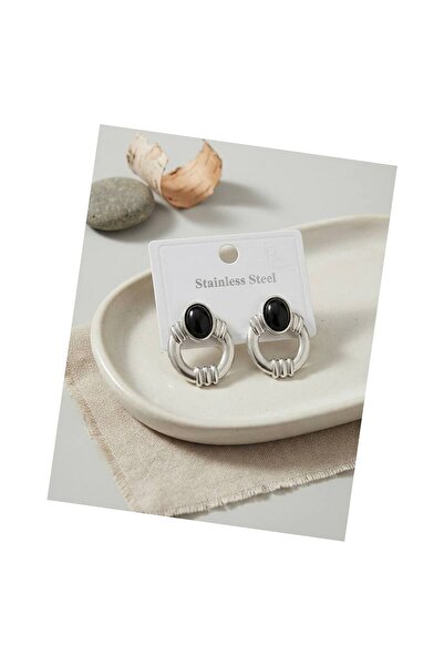evimdeyokyok 316L Steel Silver Color Vintage Black Stone Earrings Tj-Bkp12036