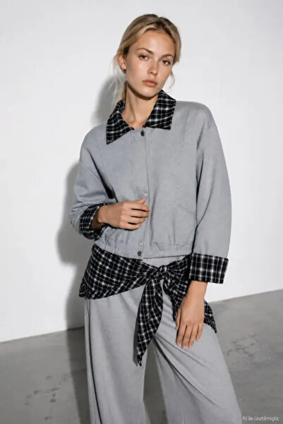 Quzu Ekose Detaylı Kadın Sweatshirt SWT02479 Gri Melanj