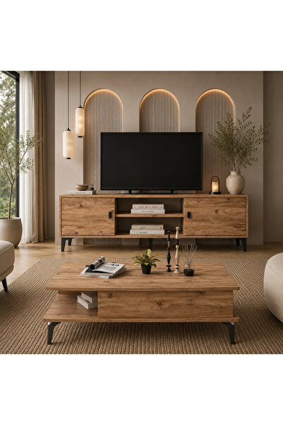 Cool Home Marin Tv Ünitesi 150 cm - Orta Sehpa Seti , Atlantik Çam (Ceviz)
