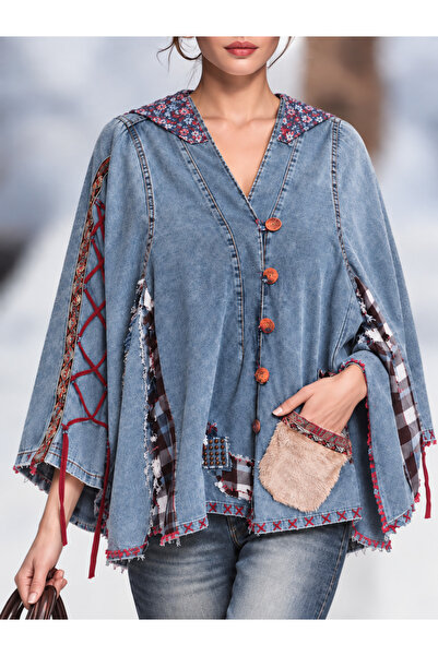 Boutique Juji BOHEM STİL ÖZEL TASARIM DENİM KOT PANÇO CEKET