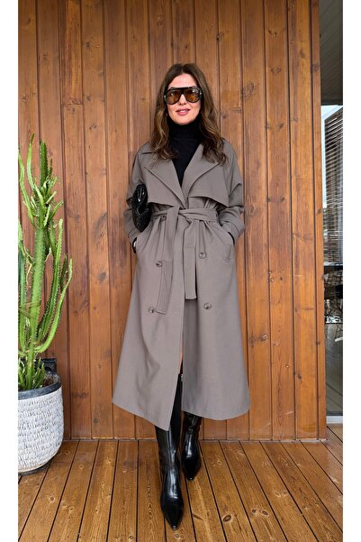 Aurélie Kuşaklı kruvaze yakalı oversize uzun trençkot