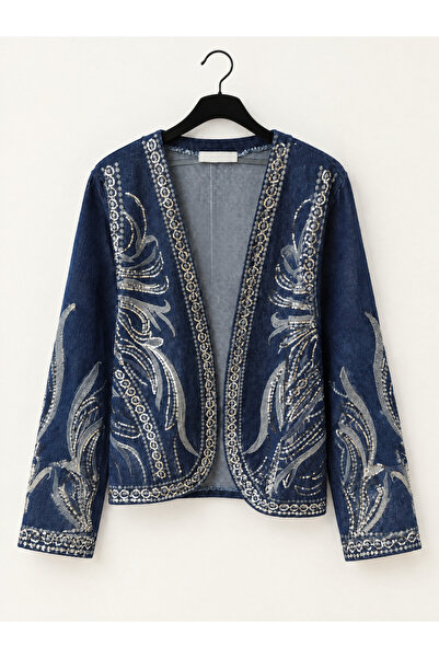 By-esq Women's Navy Blue Sequin Embroidered Denim Jacket Stylish Casual Jean ...