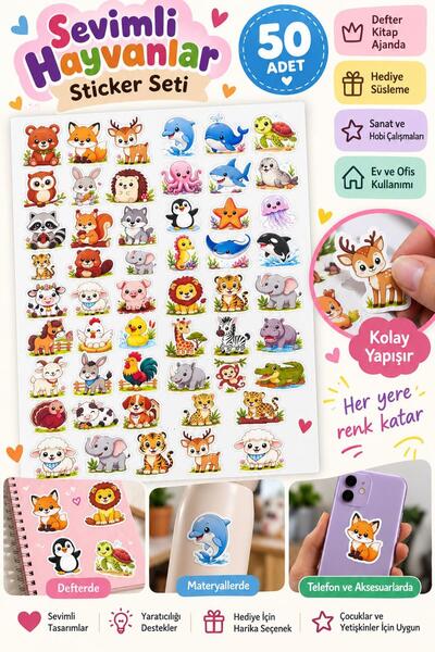 Buki'nin Atölyesi 50 adet Sevimli Hayvanlar Sticker Seti Öğretmen/Öğrenci/ Öd...
