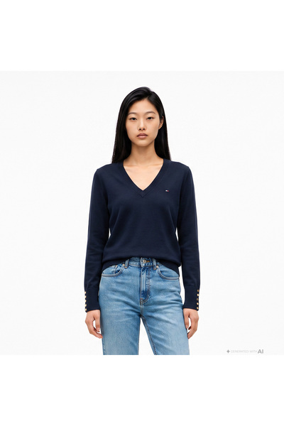 Tommy Hilfiger Stitch V Yaka Kadın Lacivert Triko