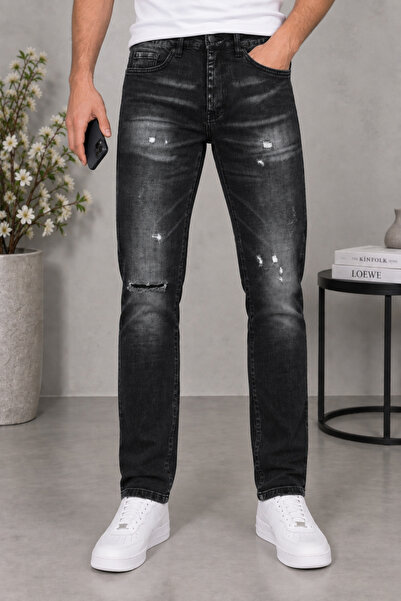CEDY DENIM بنطلون جينز رجالي بقصة ضيقة ومرنة من الليكرا بتصميم عتيق وممزق ومغ...