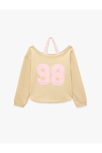 Koton Şardonlu Rahat Kalıp Kayık Yaka Uzun Kollu Katmanlı Baskılı Sweatshirt