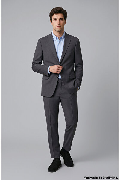 Network Gri Slim Fit Yün Mix Takım Elbise