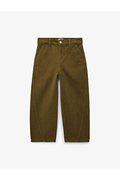 Koton Cotton Barrel Trousers with Pockets and Stitching Detail, Loose Fit