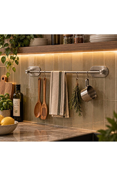 ARNESE HOME 45 cm Yapışkanlı Paslanmaz Çelik Askılık – 4 Kancalı Banyo & Mutf...