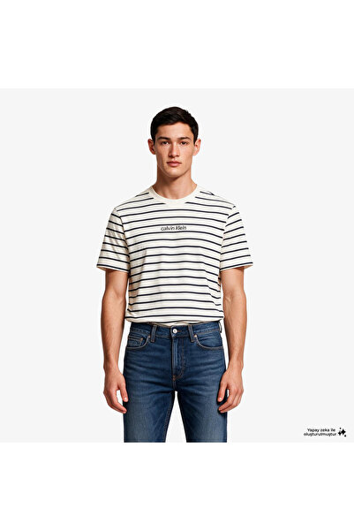 Calvin Klein Çizgili Pamuklu Relaxed Fit Bisiklet Yaka T Shirt LV04RG236GYAS ...