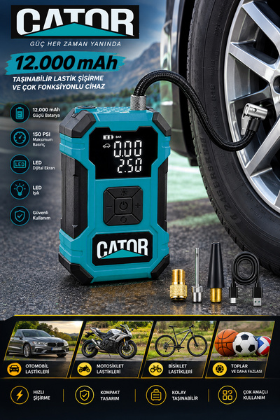 CATOR 12.000 mAh Kablosuz PowerBank/Led Işık/ 150 Psi Lastik Şişirme Pompası ...