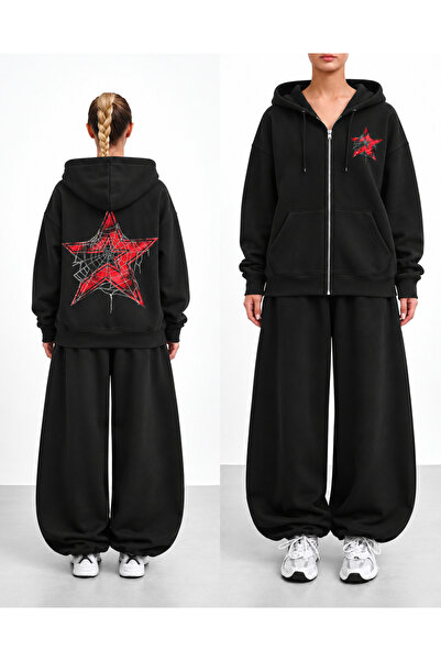 DEEFWEAR Yıldız Örümcek Baskılı Fermuarlı Kapüşonlu Yüksek Yaka Streetwear Sw...