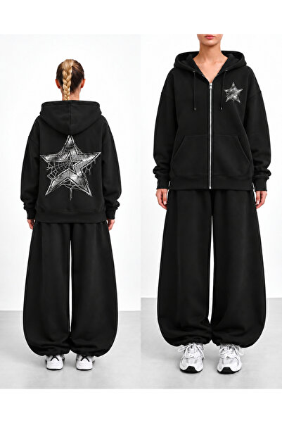 DEEFWEAR Yıldız Örümcek Baskılı Fermuarlı Kapüşonlu Yüksek Yaka Streetwear Sw...
