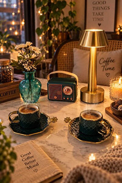 Premium Vintage Ofis, Yeni İş ve Yeni Ev Hediye Seti , Erkeğe, Kadına, Şık Doğum Günü Hediye Kutusu Yeni Ev Hediyesi Porselen Fincan Takımı, Masa Lambası ve Bluetooth Hoparlör Seti