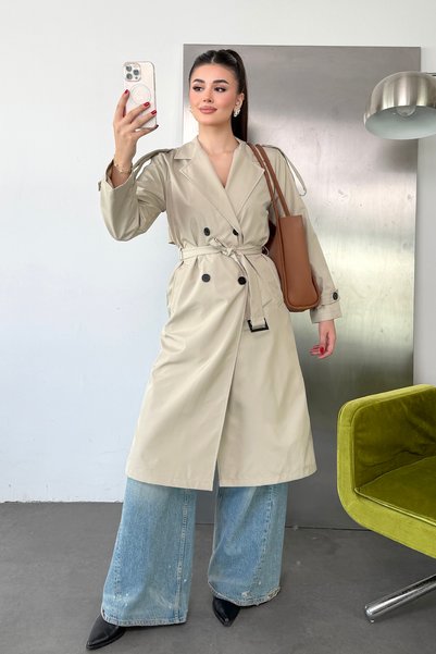 GİYSA Women's Double-Breasted Collar Belted Long Trench Coat Beige - 27K 5941