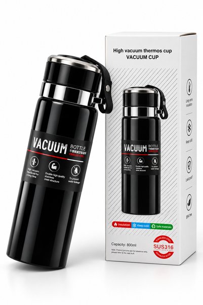olzora 800ml Vacuum Insulated Thermos Flask – SUS316 Stainless Steel Hot & Cold Bottle with Tea Filter, Cup Lid & Wrist Strap – Black