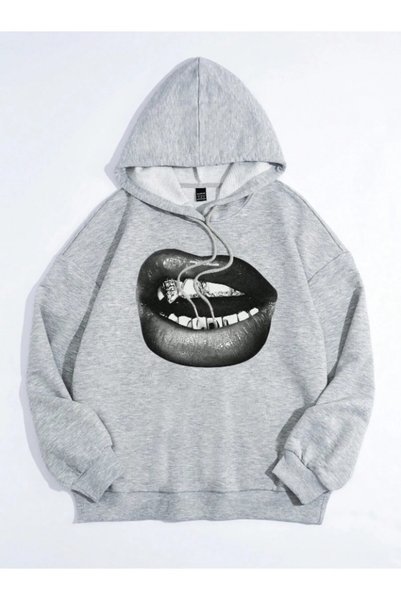MITHRAS OUTDOORS Unisex Gray Lip Print Hooded Sweatshirt Printed Premium Over...