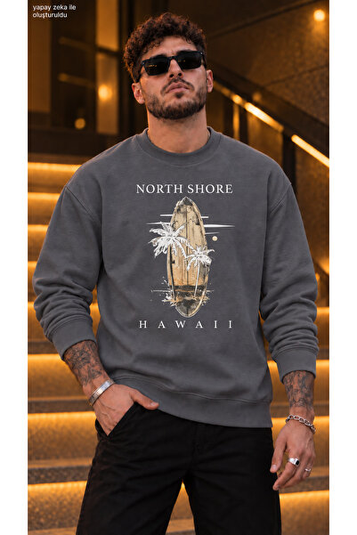 caddekombin Men's Surfboard and Palm Tree Graphic Detailed Crew Neck Casual R...