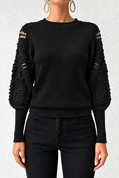 hanope Women's Crew Neck Half Fisherman Sleeve Lace Detailed Black Sweater