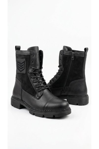 Shubuu Men's Black Faux Leather Military Boots Zippered Lace-Up Non-Slip Sole...