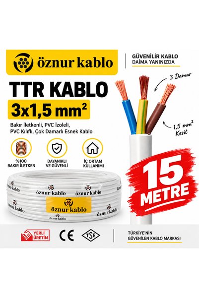 Kablo 3x1,5 mm² TTR Beyaz Elektrik Kablosu – 15 Metre