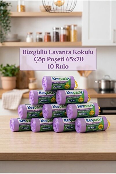 KESPACK Büzgüllü Çöp Poşeti Lavanta Kokulu 65x70 Cm Büyük Boy 10 Rulo Dayanık...