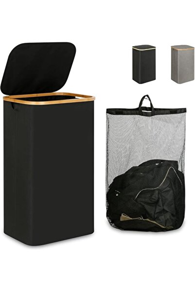 DURKU Dorco 100L Laundry Basket with Lid, Tall Laundry Hamper with Bamboo Han...