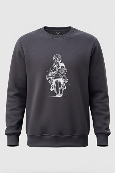 The Baski Motorcycle Drawing Printed Cool Minimal Crew Neck 3 Thread Ribbed 1...